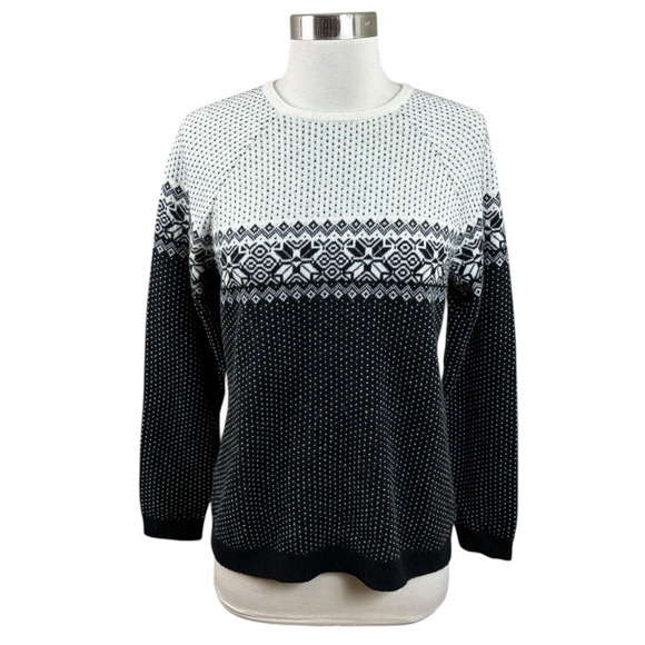 L.L. Bean 100% Cashmere Black White Fair Isle Crewneck Sweater Cozy Classic S - Picture 1 of 4